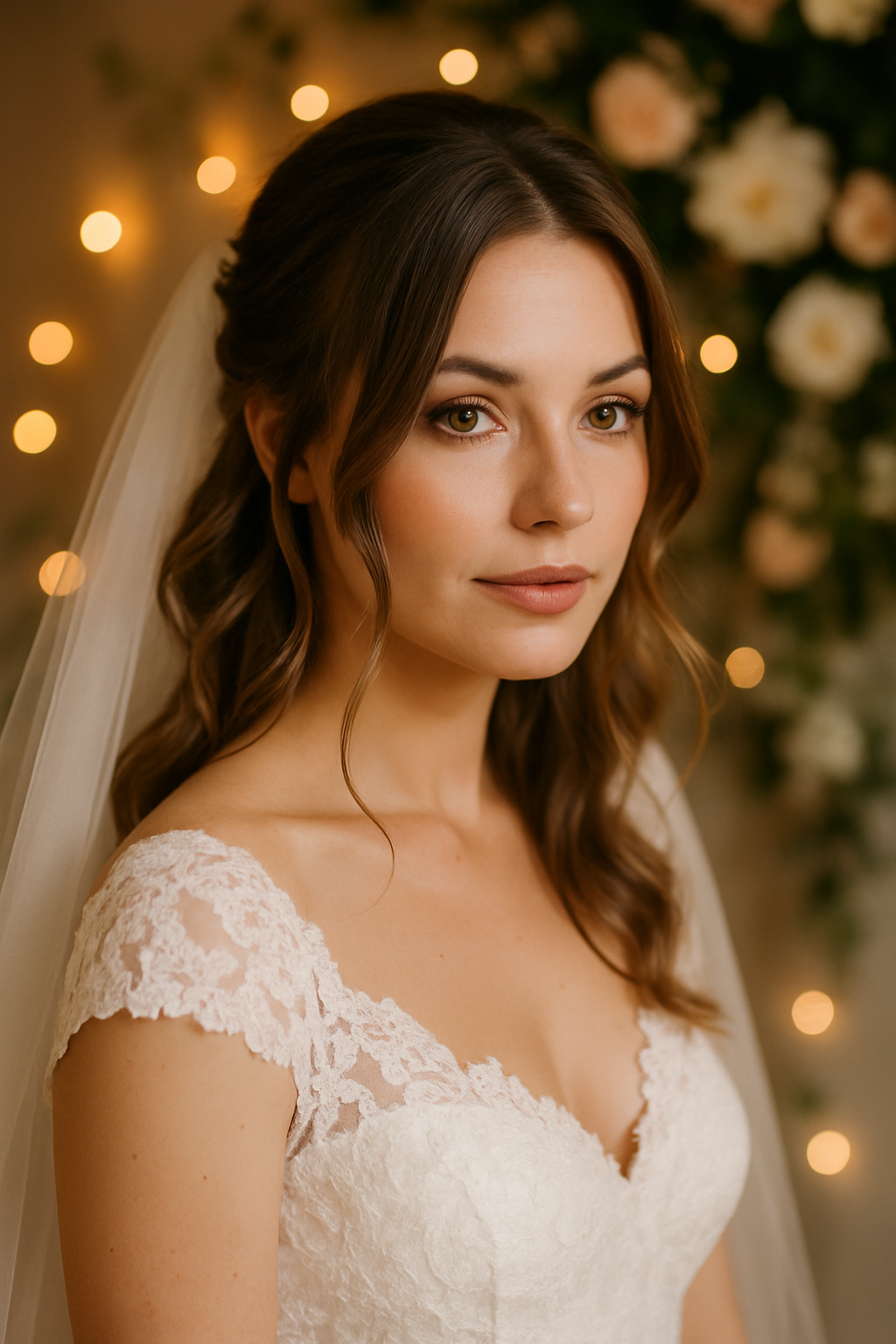 A bride with layered hair and soft face-framing tendrils, wearing a lace wedding dress and a veil.