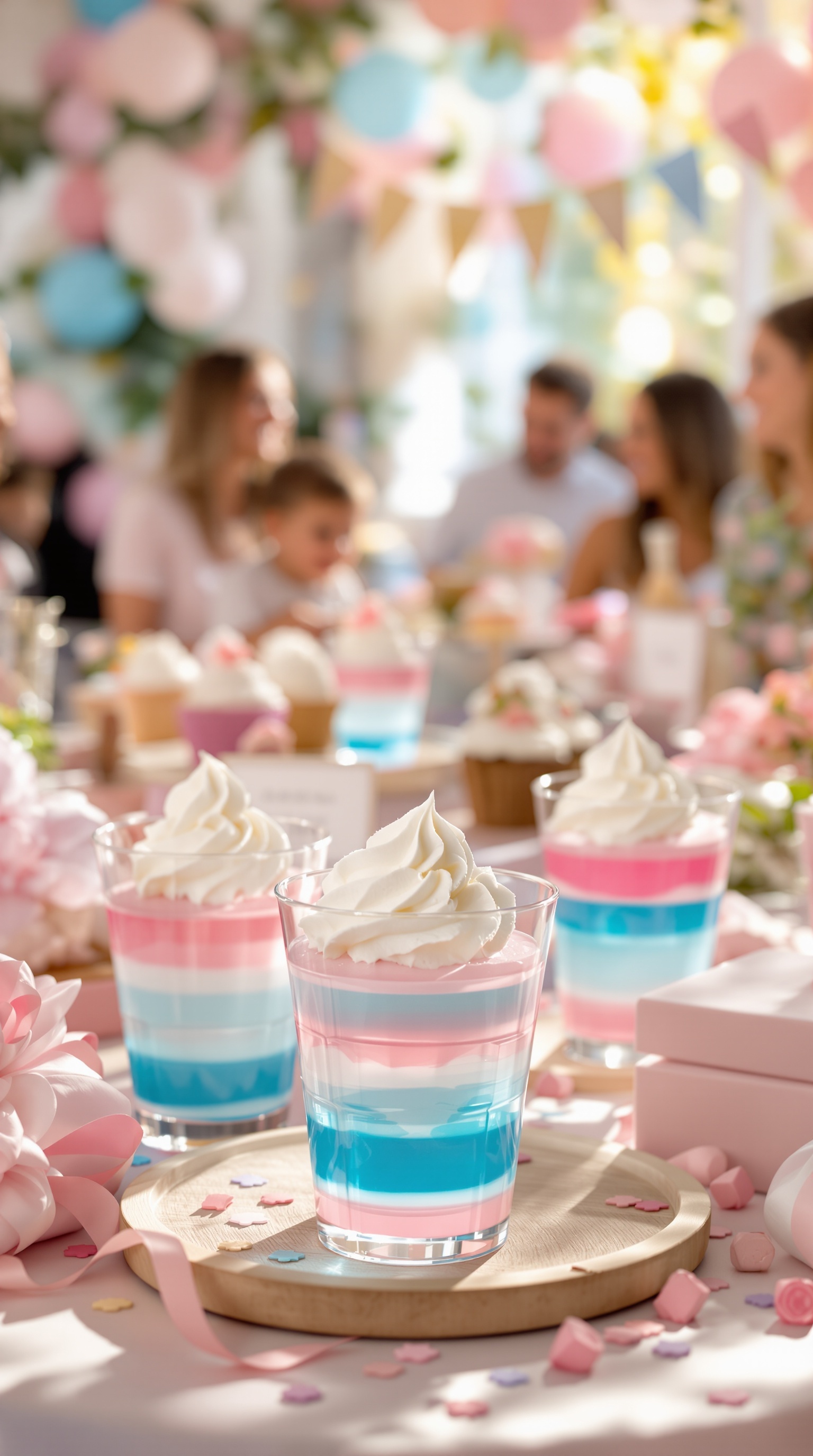 Colorful layered Jello cups on a dessert table for a gender reveal party