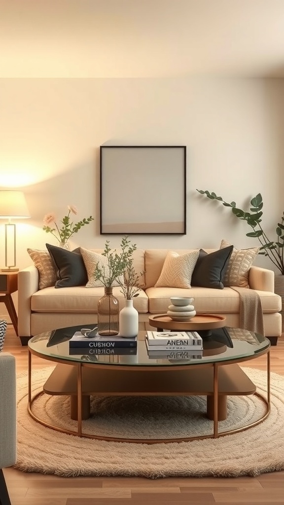 A cozy living room featuring layered lighting with a lamp, a coffee table, and decorative elements.