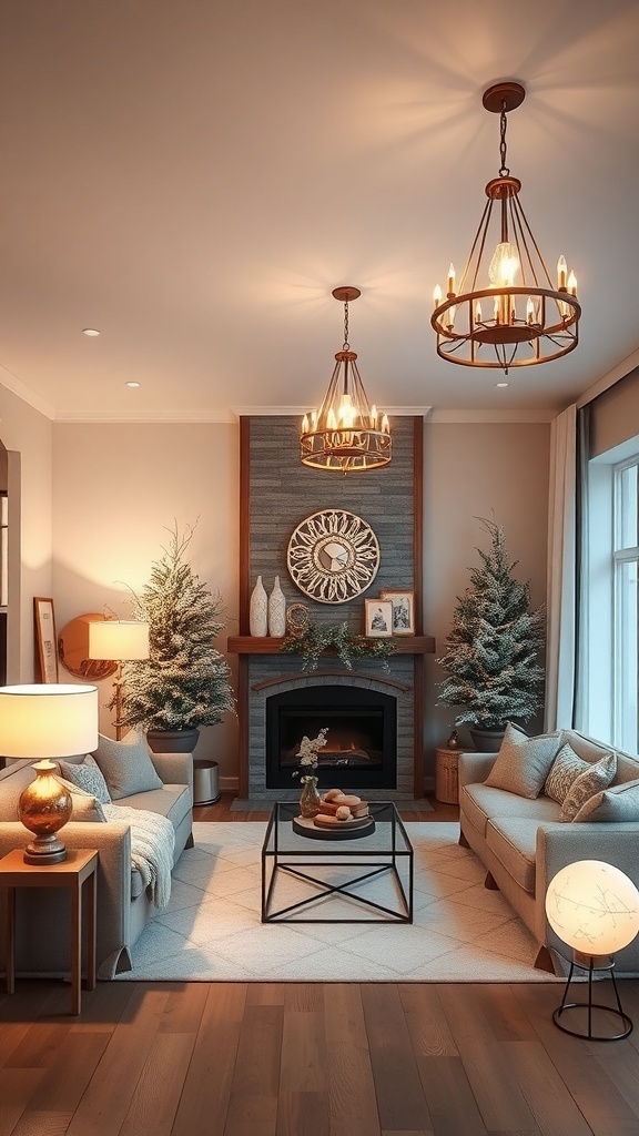 A cozy winter living room featuring layered lighting fixtures, including chandeliers and table lamps, with a warm color palette.