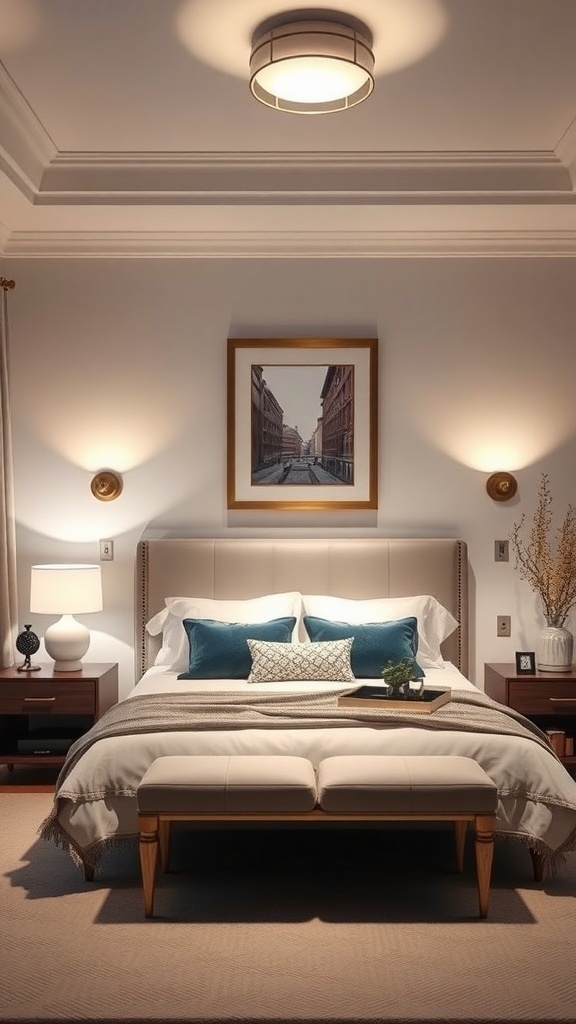 A small master bedroom with layered lighting, featuring a ceiling fixture, wall sconces, and bedside lamps, creating a cozy atmosphere.
