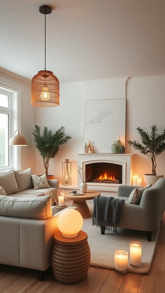 Cozy Scandinavian living room with layered lighting, featuring a pendant light, table lamps, and candles.