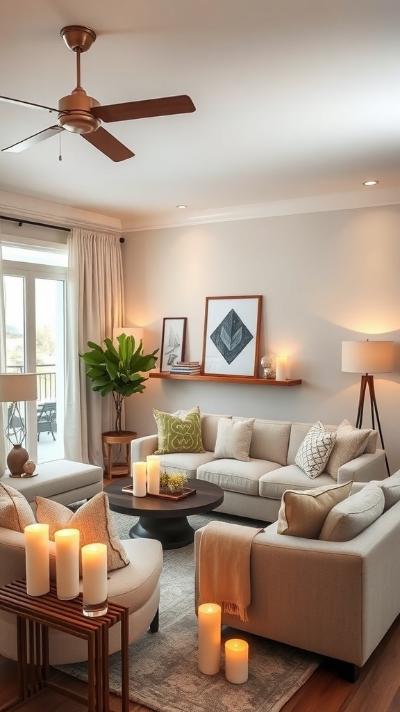 Cozy coastal living room with layered lighting, featuring a ceiling fan, candles, and natural light.