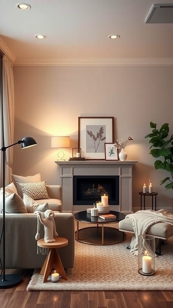 Cozy living room with layered lighting, featuring a fireplace, candles, and stylish lamps.