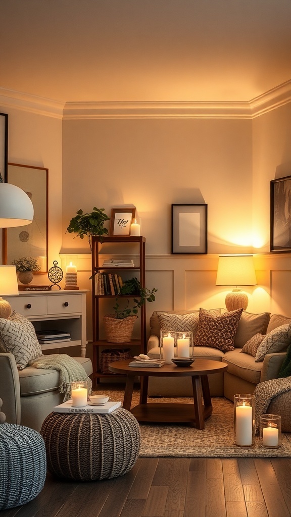 A cozy living room with layered lighting, featuring candles, lamps, and soft furnishings.