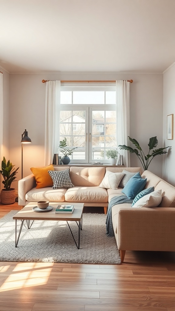 A cozy living room featuring a light brown couch, natural light from a window, and layered lighting with a floor lamp and decorative elements.