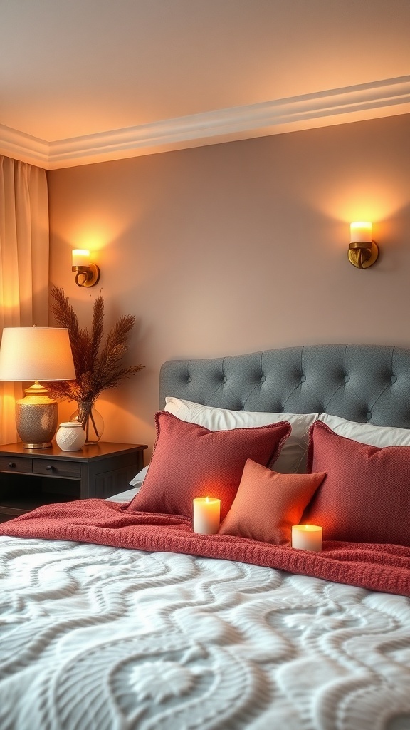 A cozy winter bedroom with layered lighting, featuring wall sconces, a bedside lamp, and candles.