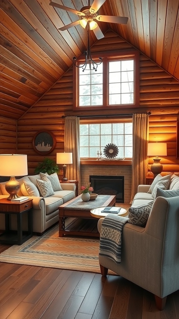 Cozy cabin living room with layered lighting options including ceiling fan lights, table lamps, and large windows.
