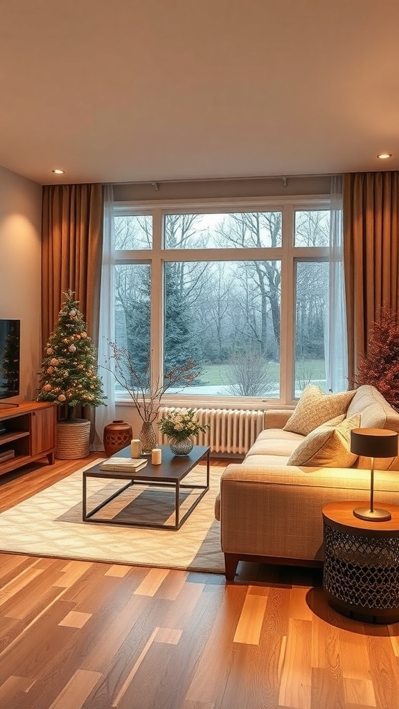 A cozy winter living room with layered lighting, featuring a large window, a sofa, a table lamp, and a small Christmas tree.