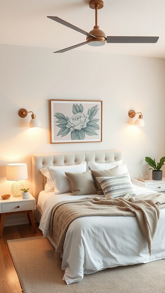 Cozy bedroom with layered lighting, featuring a ceiling fan, wall sconces, and table lamps.
