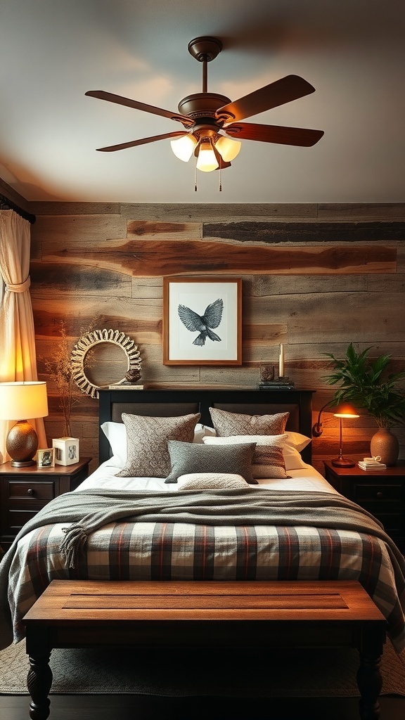 A rustic farmhouse bedroom with layered lighting options, featuring a ceiling fan, table lamps, and wall decor.