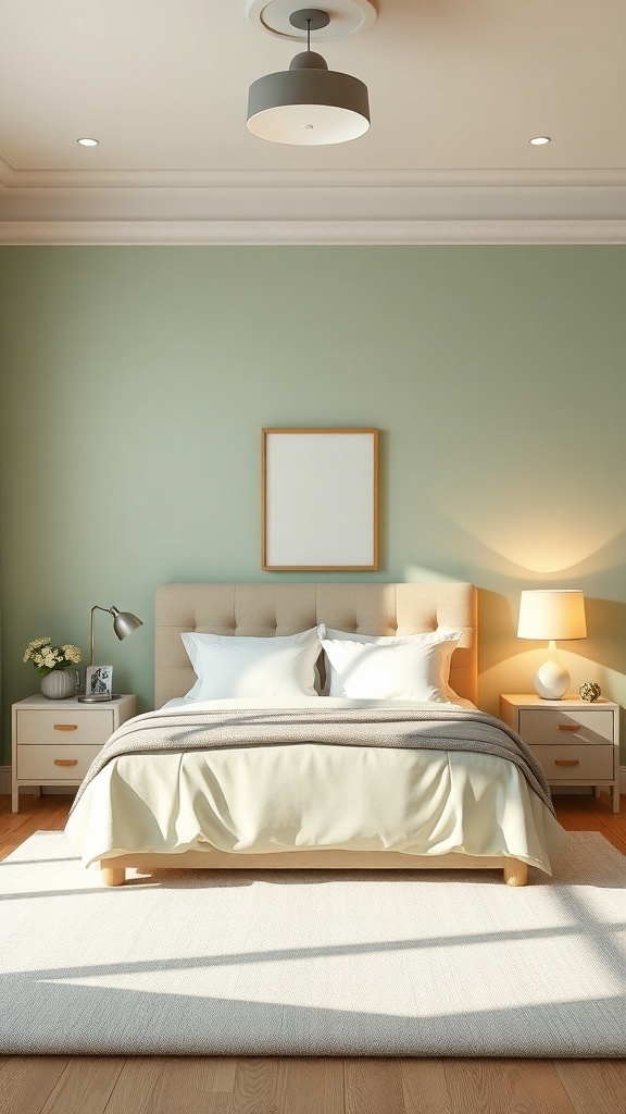 A light green bedroom featuring layered lighting with a ceiling fixture and bedside lamps.