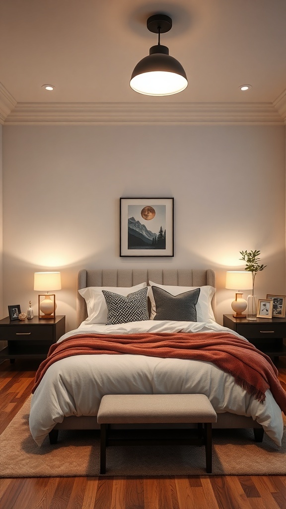 A cozy bedroom with layered lighting options including a ceiling light and bedside lamps.