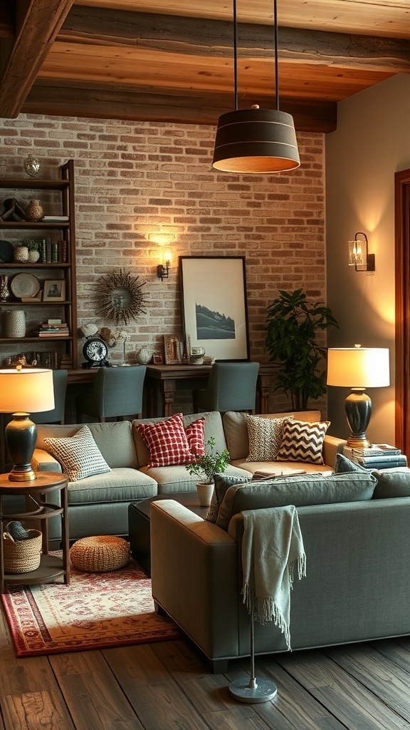 A cozy rustic living room with layered lighting, featuring a hanging light fixture, wall sconces, and table lamps.