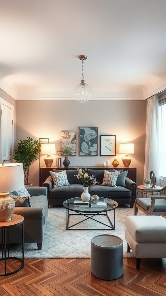 A cozy contemporary living room with layered lighting solutions, featuring a central pendant light, table lamps, and floor lamps.