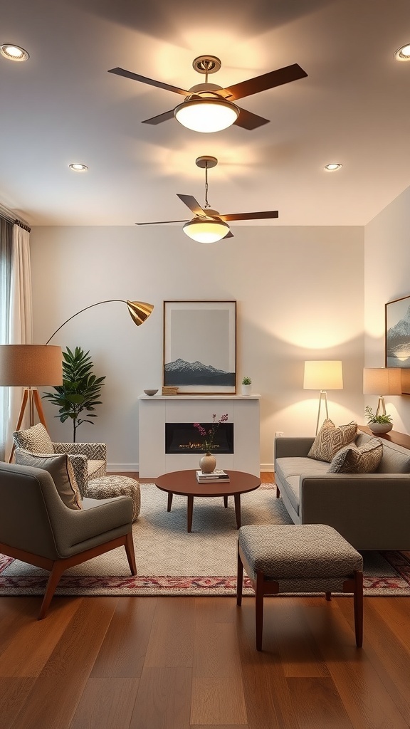 A cozy mid-century modern living room featuring layered lighting solutions.