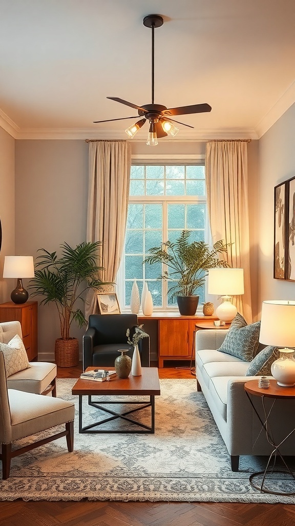 A cozy living room with layered lighting, featuring a ceiling fan light fixture, table lamps, and natural light from a window.