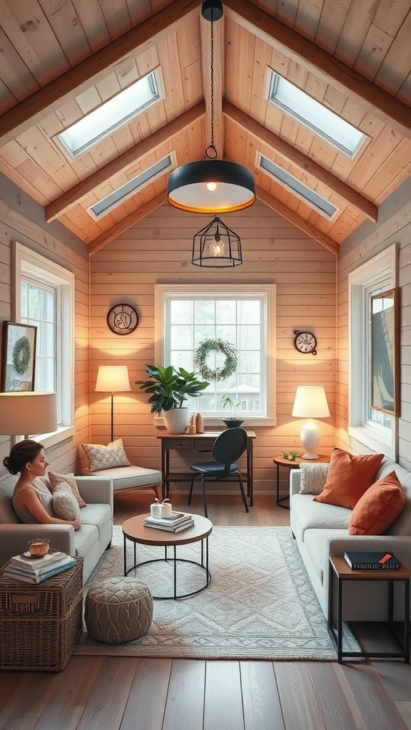 Cozy small cabin interior with layered lighting solutions, featuring a pendant light, table lamps, and natural light from skylights.