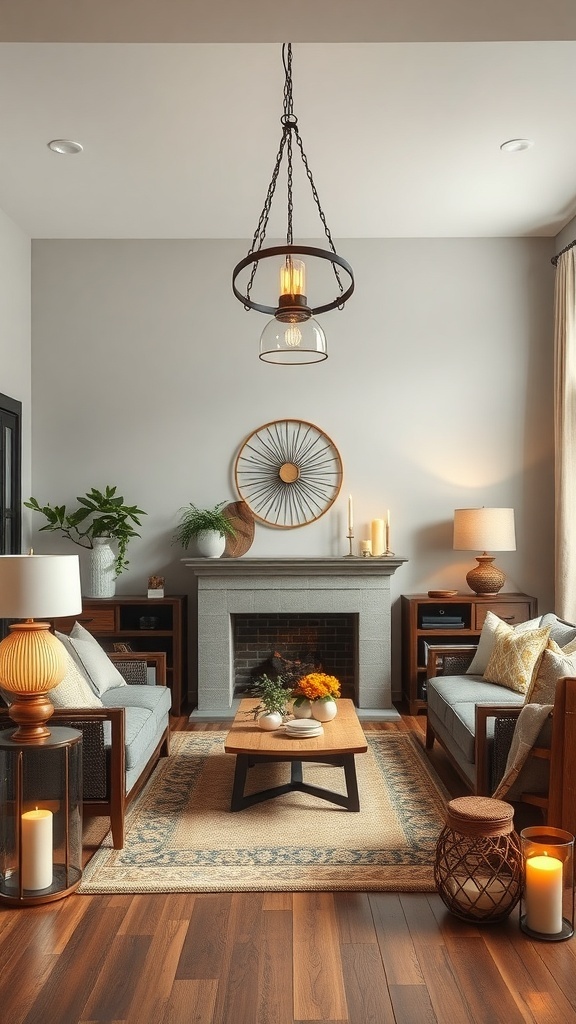 A rustic living room featuring layered lighting solutions with a pendant light, table lamps, and candles.