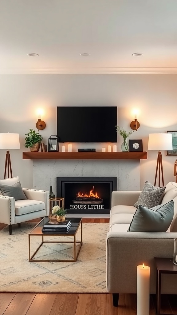 Cozy living room with layered lighting, featuring wall sconces, table lamps, candles, and a fireplace.