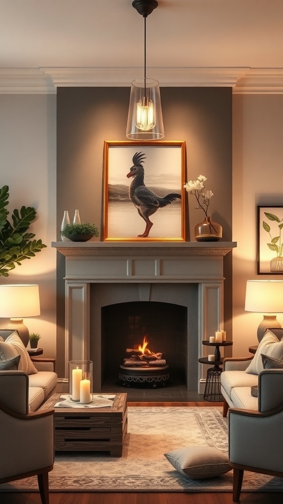 A cozy living room with a fireplace, layered lighting, and comfortable seating.