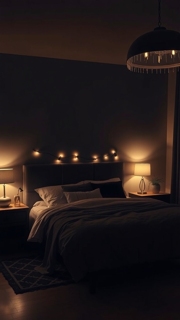 A dark feminine bedroom with layered lighting, featuring a pendant light, table lamps, and string lights.