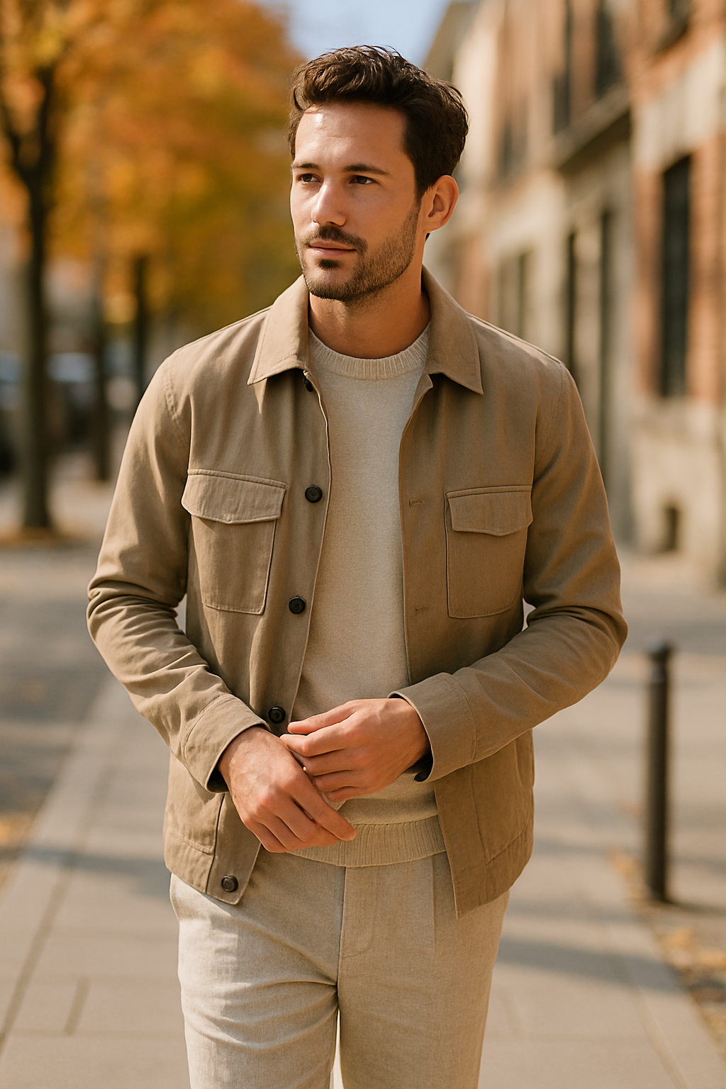 A man wearing a khaki jacket over a light sweater and beige linen pants, standing on a street lined with trees in autumn.