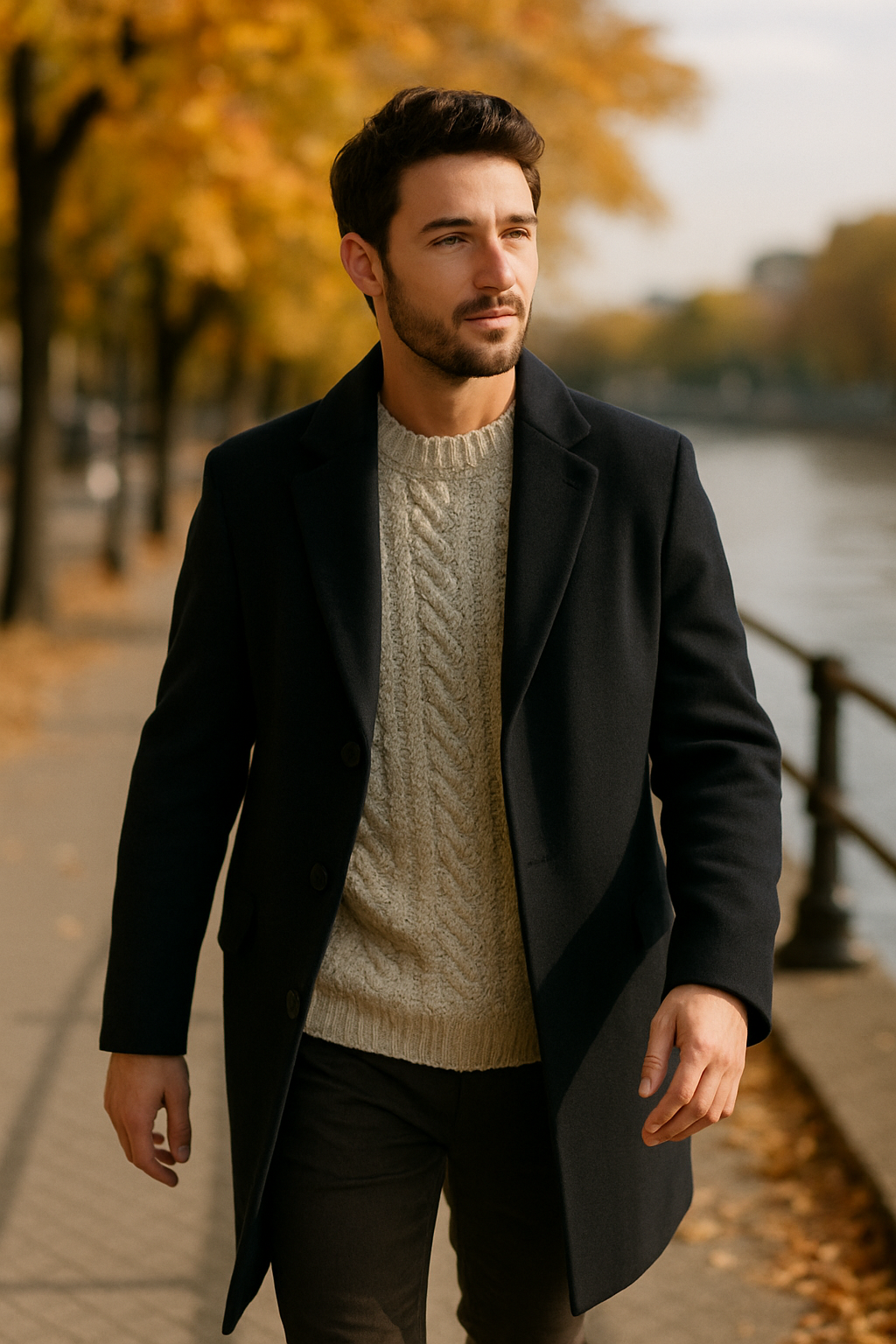 A man walking by a river in a long peacoat and cable-knit sweater, surrounded by autumn trees.
