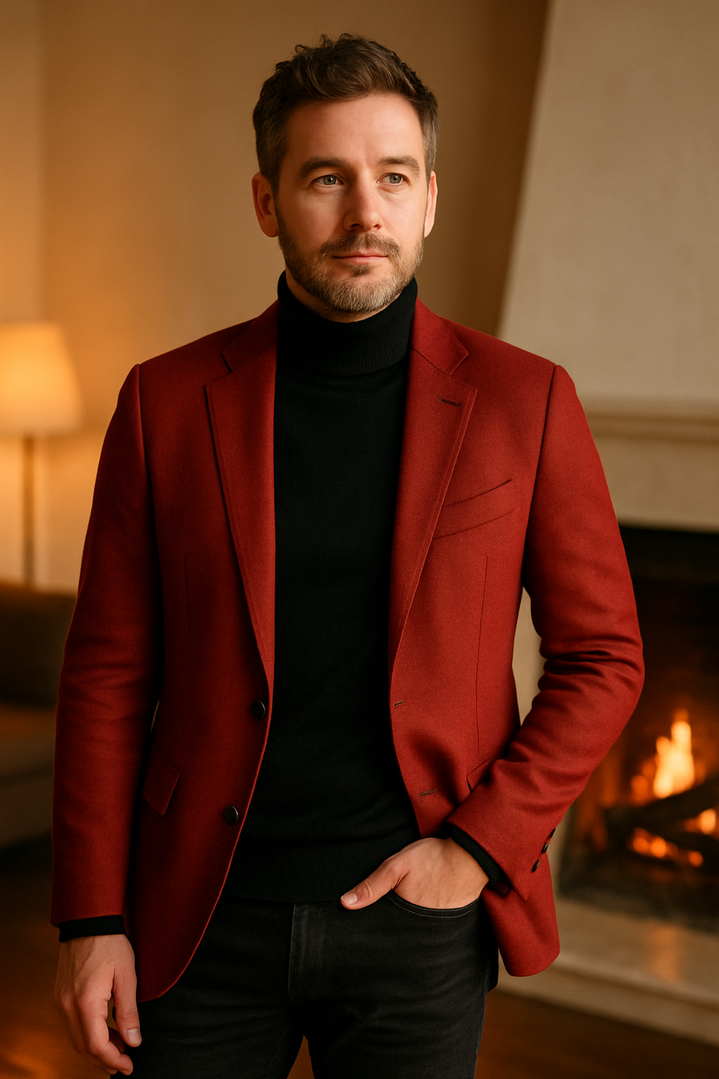 A man wearing a red blazer and a black turtleneck, standing confidently.