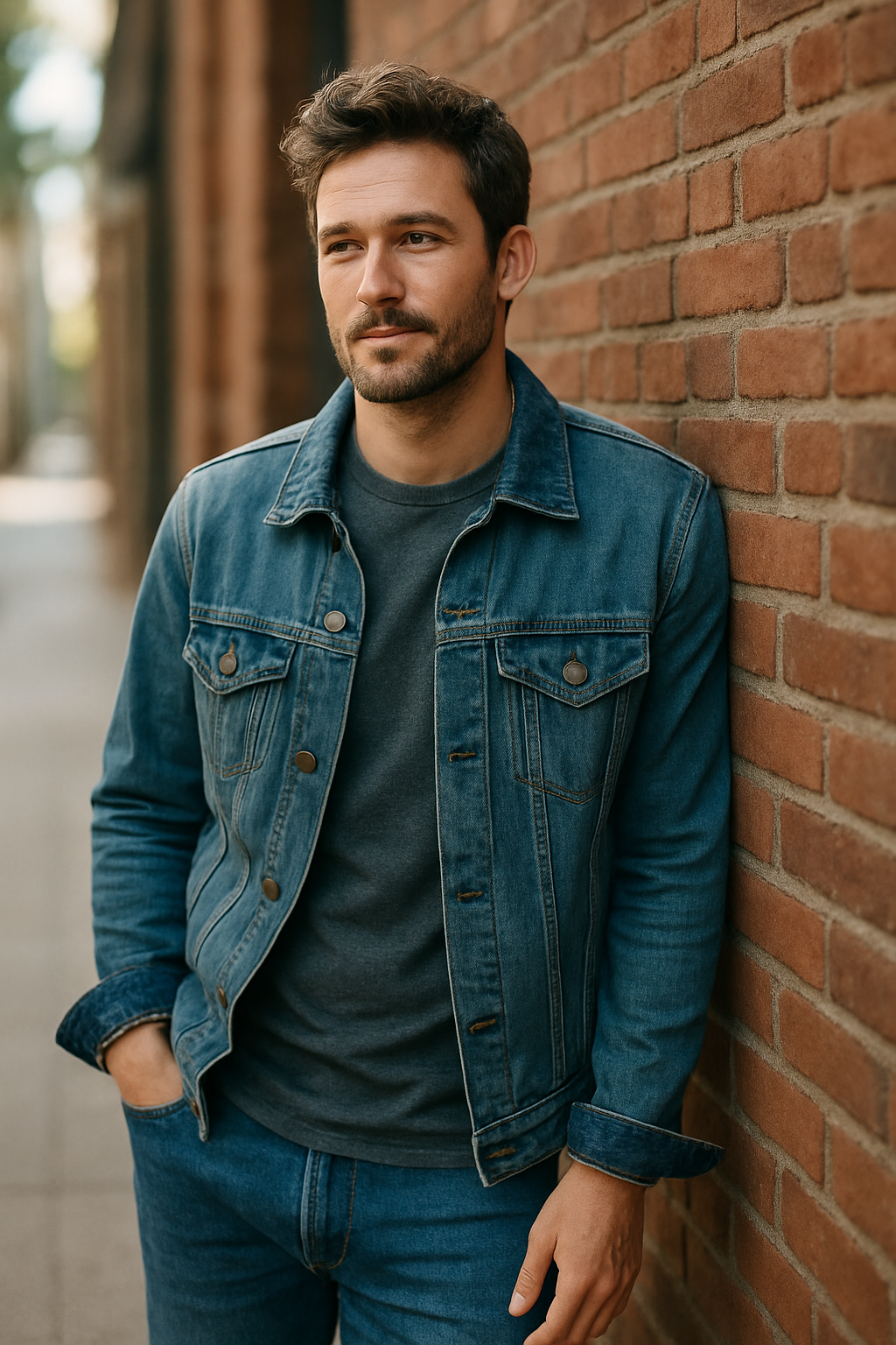 A man in a denim jacket and gray t-shirt leaning against a brick wall.