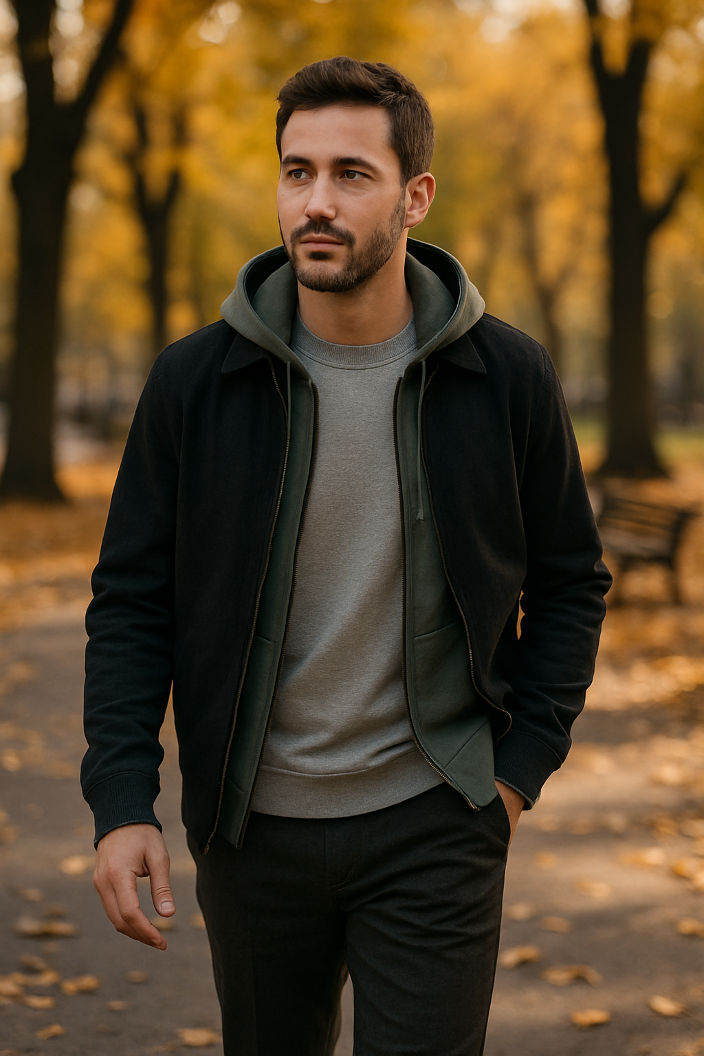 A man walking in a park wearing a layered outfit with a hoodie and jacket, surrounded by autumn leaves.