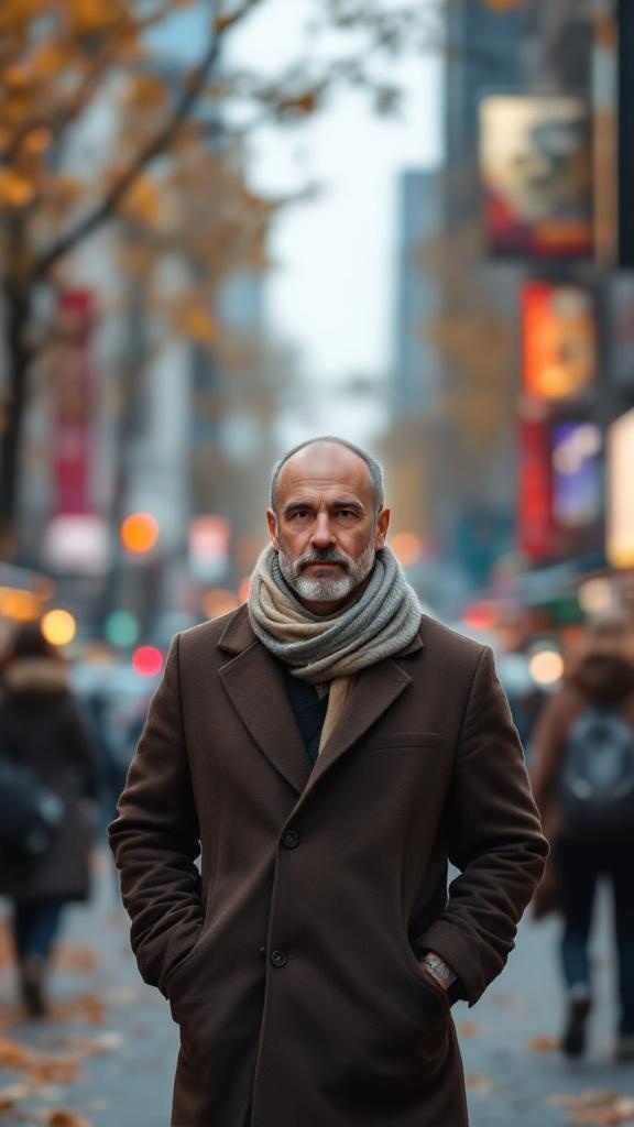 A man in a brown blazer and a scarf standing in a city street during autumn.