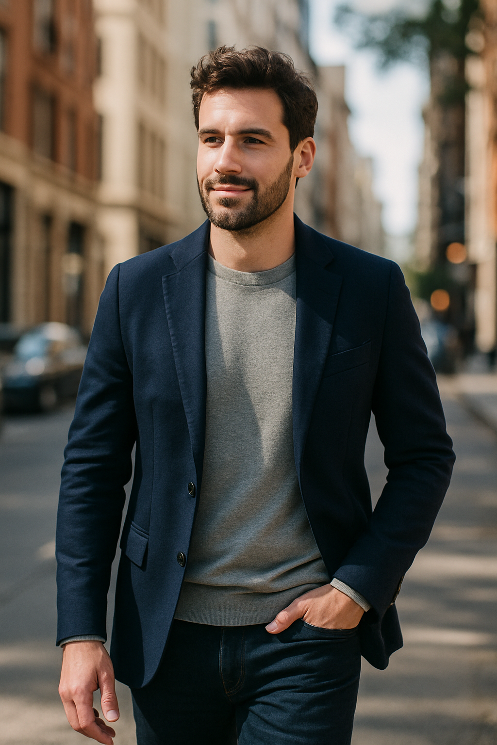 Man wearing a navy blue blazer over a gray sweater, walking in a city street.