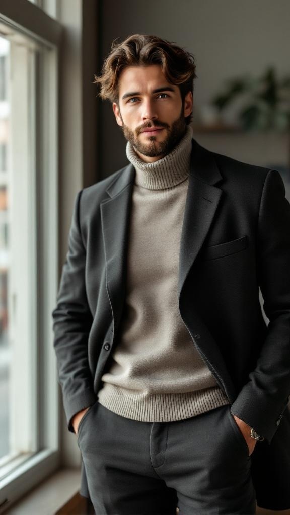 A man wearing a black blazer and a beige turtleneck, standing by a window.