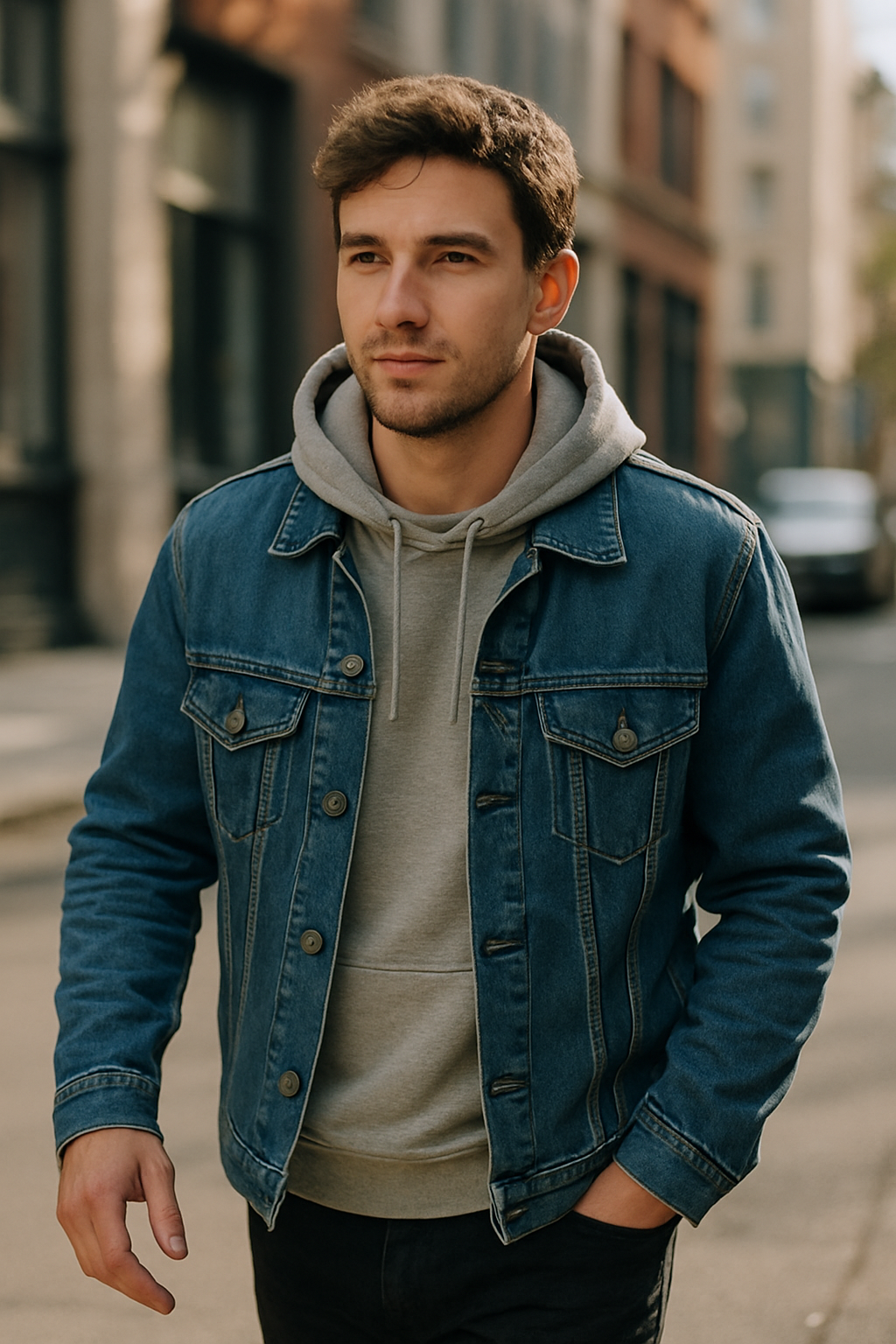 A man wearing a denim jacket over a gray hoodie, walking down a city street.