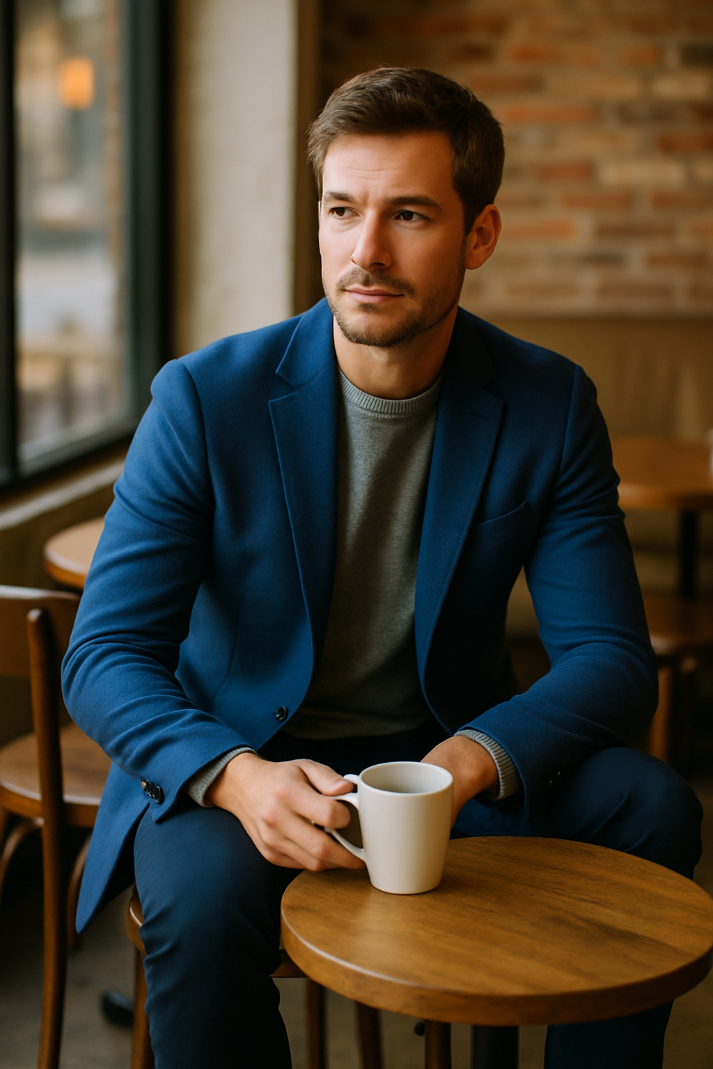 A man in a royal blue blazer and grey sweater, holding a cup of coffee, sitting at a wooden table.