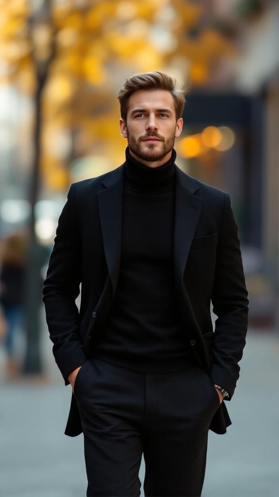 A stylish man wearing a black blazer and turtleneck outfit, walking confidently in an urban setting.