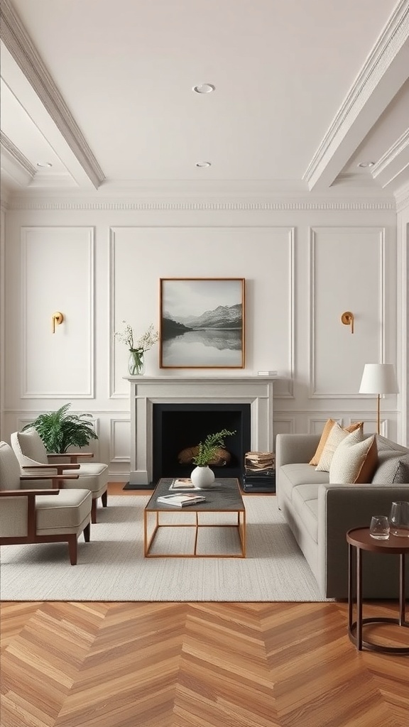 A stylish living room featuring layered moulding techniques with a modern design.