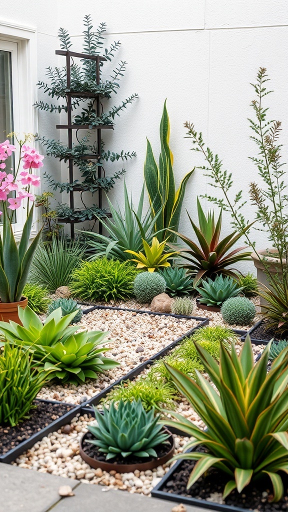 A small backyard with layered planting techniques featuring various plants including succulents and tall greenery.