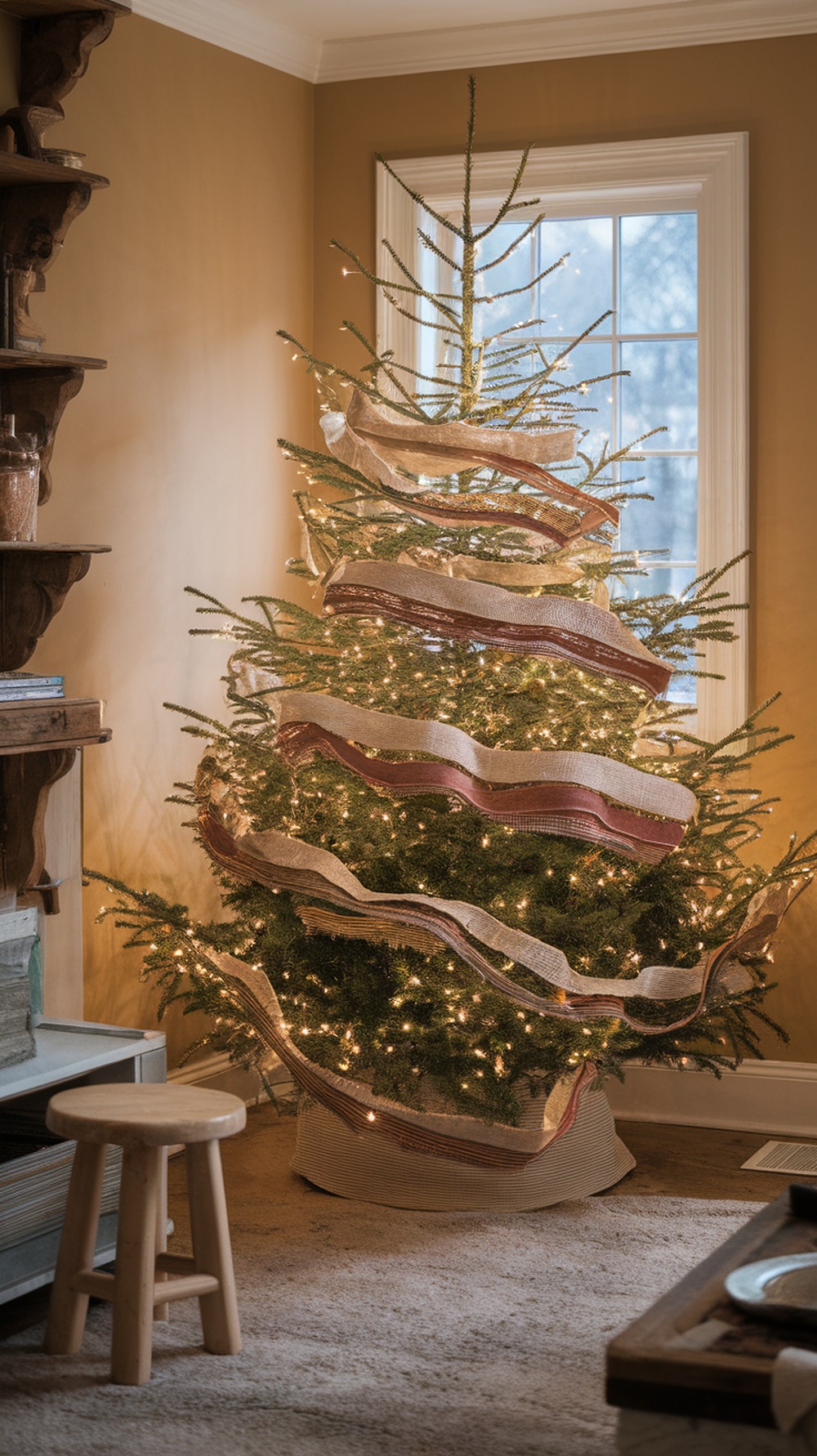 A Christmas tree decorated with layered ribbons and lights, showcasing a warm and inviting holiday atmosphere.