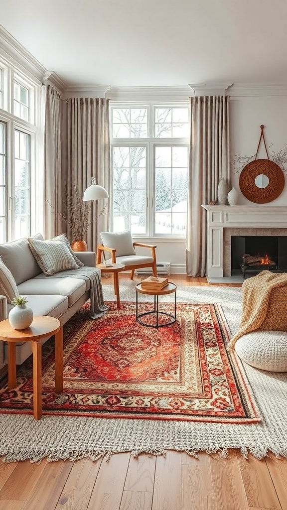 A cozy living room with layered rugs, featuring a larger neutral rug and a smaller vibrant rug, along with a sofa and a fireplace.