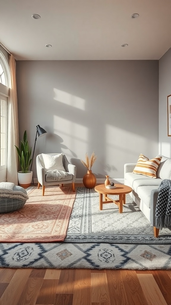 A cozy living room featuring layered rugs, a comfortable chair, and natural light.