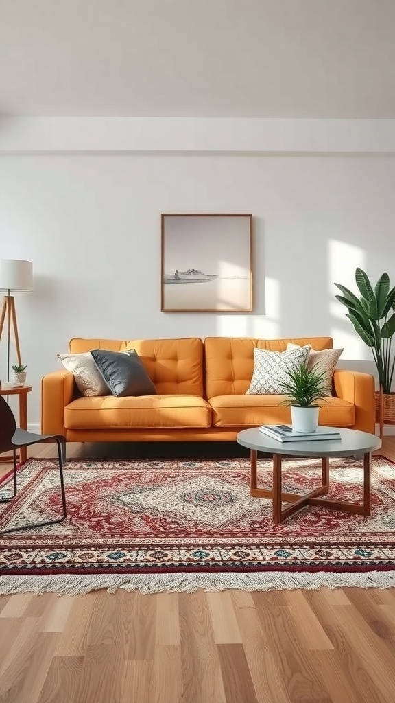 A cozy living room featuring a tan couch, layered rugs, and a stylish coffee table.