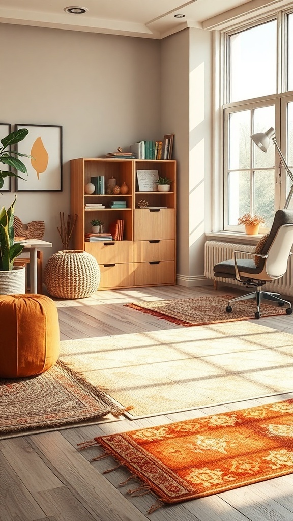 A cozy office space with layered rugs, featuring an orange rug on top of a lighter one, a wooden bookshelf, and a comfortable chair.