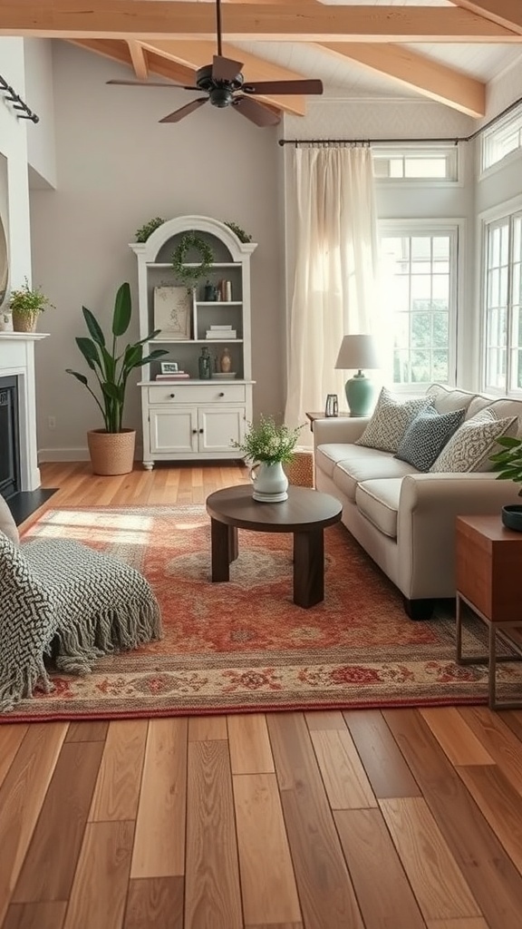 A cozy cottage living room featuring layered rugs, a white sofa, and wooden flooring.