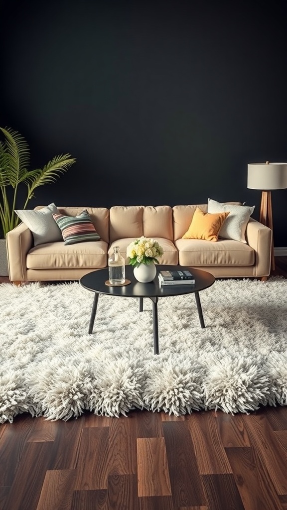 A cozy living room with a plush layered rug, beige sofa, and dark walls.