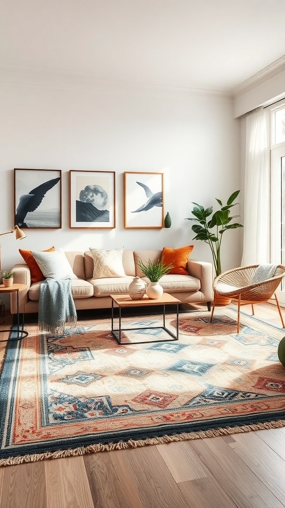 A cozy living room featuring layered rugs, a sofa with cushions, and framed artwork on the wall.