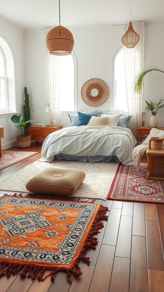 A cozy boho bedroom featuring layered rugs, a bed with soft linens, and natural decor elements.