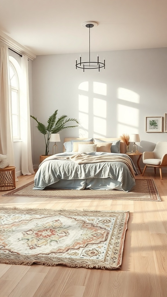 A cozy bedroom featuring layered rugs, a bed with soft bedding, and natural light.