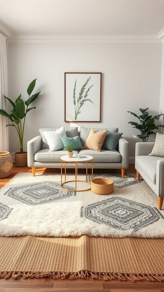 A cozy living room with layered rugs, featuring a plush top rug and a textured bottom rug, complemented by stylish furniture and plants.